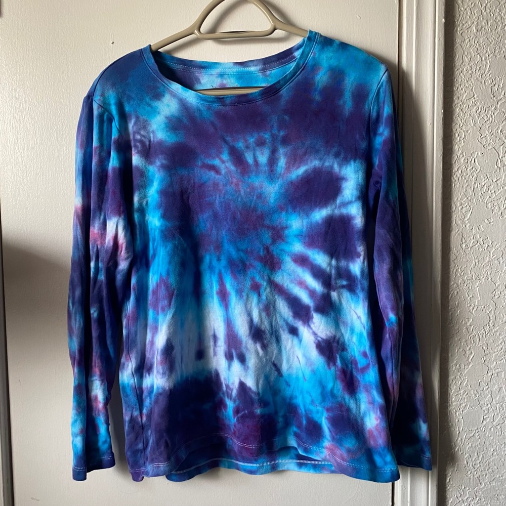 Faded Glory Womens Large Blue Purple Tie Dye Long Sleeve Cotton T-Shirt Vintage